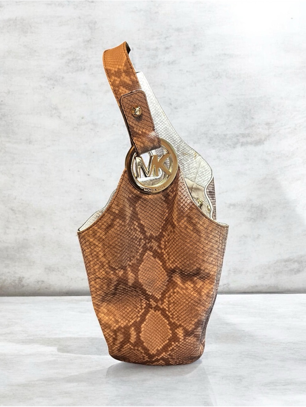 Michael Kors Tan/Brown Snake-Print Leather Shoulder Bag with Gold MK Charm